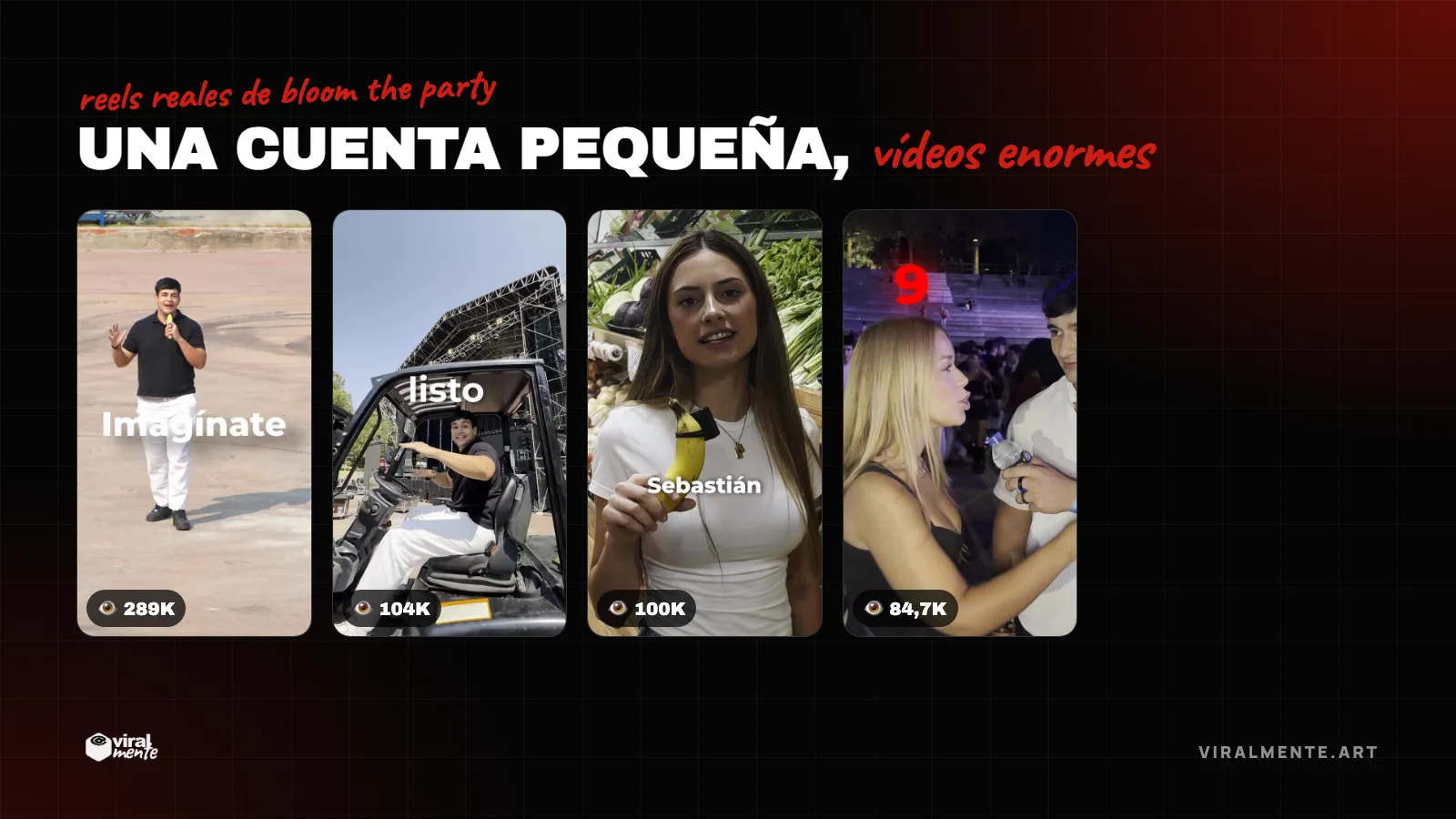 Reels reales de Bloom the Party: 289K, 104K, 100K y 84,7K visualizaciones