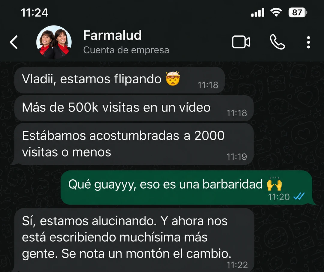 Captura de WhatsApp de una clienta: “estamos flipando, más de 500k visitas en un vídeo”, “está escribiendo muchísima más gente, se nota un montón el cambio”